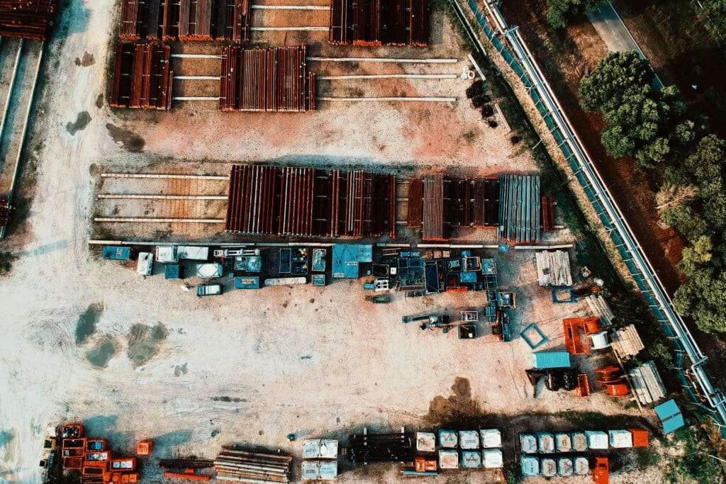 an aerial view of a laydown yard is shown